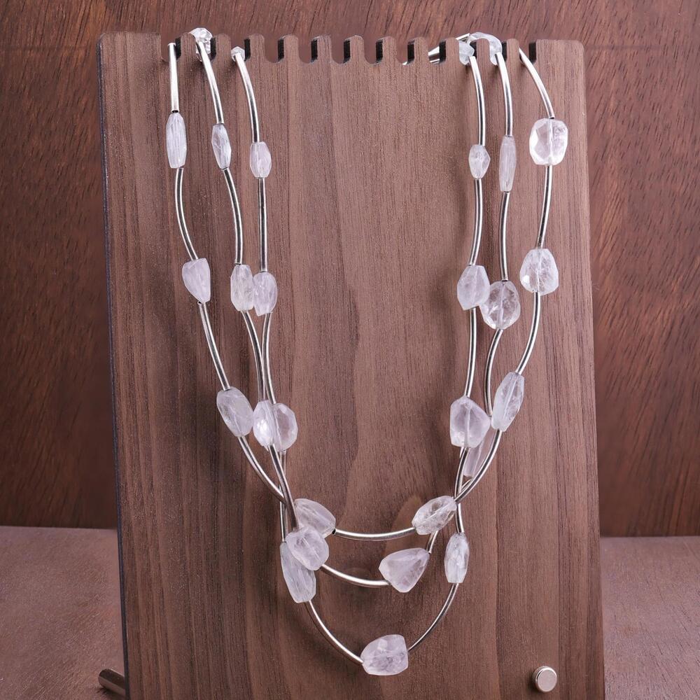 Artisan Pale Blue Faceted Rough Aqua Sterling Tube Bead Triple Strand Necklace